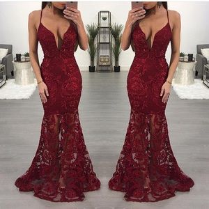 Marroon Lace Evening Gown